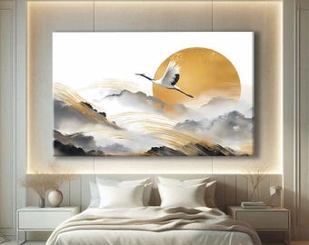 Japandi Wall Art Horizontal, Crane Print Art, Peaceful Wall Art Horizontal, Oriental Canvas, Calming Wall Art Large, Zen Decor For Home