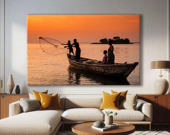 Sunset Wall Art Print, Fishing Gifts for Her, Golden Hour Wall Art Landscape, Lake Life Decor for Home, Fishing Wall Art Print