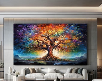 Kleurrijke levensboom schilderij op doek, symbolische kunstprint, abstracte boomkunstprint, kleurrijke natuurmuurkunstafdrukken, Home Decor Gift Art