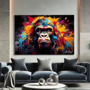 Affe Druck Kunst, Graffiti Wandkunst Original, Street Art Drucke, Tierportrait Malerei Graffiti, Gorilla Wandkunst Drucke trendy gerahmt