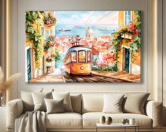 Portugal Wall Art Framed, Lisbon Print Art, Abstract Watercolor Art Print, Lisbon Tram Wall Art, City Skyline Art Canvas