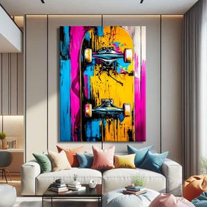 May include: Abstract art print of a skateboard in vibrant colours. The artwork features a yellow skateboard with blue and silver trucks, set against a background of vertical strokes in pink, blue, and yellow. The piece is displayed in a modern living room setting.
