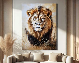 Lion Wall Art Canvas, Wildlife Print Framed, Safari Wall Decor, Statement Wall Art Vertical, Abstract Animal Art Print Large