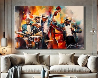 May include: A watercolor painting of a jazz band playing in a colorful setting. The band consists of four musicians, including a drummer, a bassist, and two saxophonists. The painting is full of energy and movement, and the musicians are all clearly enjoying themselves.