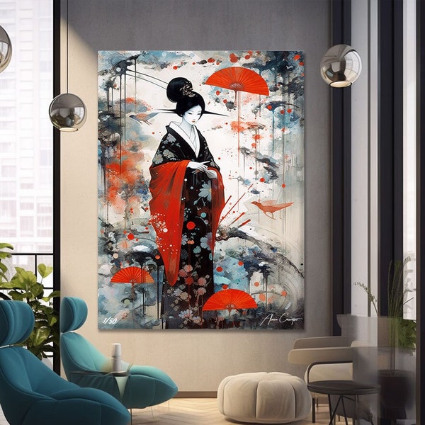 Geisha kunst aan de muur, Japanse stijl schilderij, Geisha schilderij, Japanse aquarel schilderij, vrouw gezicht kunst aan de muur, extra grote muur kunst abstract