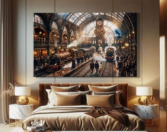 Train Wall Art Print, Steampunk Decor Vintage, Industrial Wall Art Framed, Victorian Home Decor Items, Above Bed Decor Horizontal