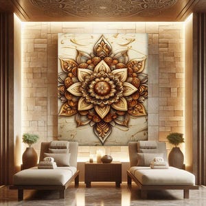 May include: A large rectangular wall art piece featuring a symmetrical, intricate mandala design in shades of gold, bronze, and cream. The artwork displays layered, petal-like shapes radiating from a central point, set against a textured background.