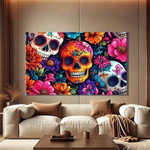 Mexican Wall Art For Living Room Prints, Sugar Skull Decor, Dia De Los Muertos Decor, Pop Art Prints Horiztonal, Abstract Floral Print