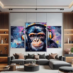Triptych Wall Art Large, Quirky Art Prints, Music Room Decor, Set of 3 Prints Abstract, Monkey Wall Art, Teen Room Decor