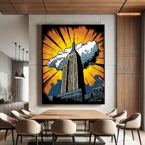 empire state building canvas print new york comic pop art urban wall decor NYC gift orange yellow wall art comic book city print nyc skyline canvas retro illustration decor bold graphic wall art new yorker gift manga style city canvas black orange wall decor office statement art american city print expat new york gift above desk decor travel memory canvas graphic novel inspired pop culture city art vertical bold print