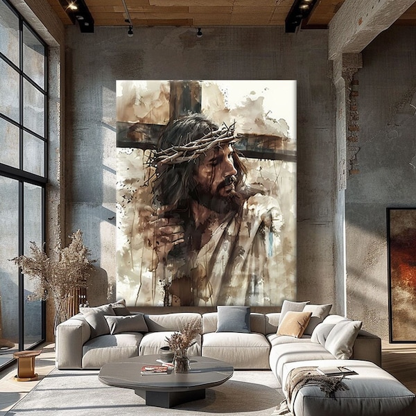 Abstract Christian Art Modern, Large Religious Wall Art Framed, Jesus Painting Canvas, Christianity Wall Art, Abstract Religious Art Print