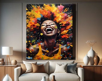 Arte su tela colorata donna africana, stampa donna africana, arte ragazza nera incorniciata, arte da parete donna moderna, stampa artistica da parete astratta extra large