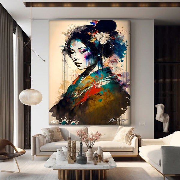 Abstract Geisha Print, Japanese Geisha Art Print, Modern Japanese Art Print, Japanese Woman Wall Art, Colorful Woman Portrait Wall Art