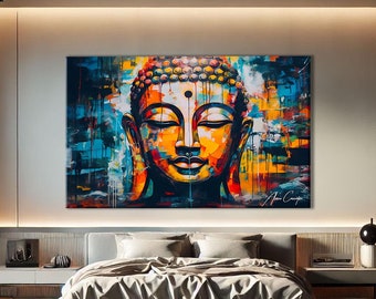 Gran Buda de pared en azul y naranja, impresión artística zen apacible, decoración de meditación para estudio de yoga, impresión artística espiritual sagrada