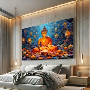 May include: A painting of a golden Buddha meditating surrounded by glowing candles in a blue and orange landscape.