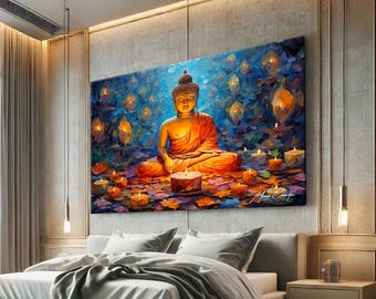 Arte mural horizontal de Buda, impresión artística de loto, arte mural zen de paisaje, arte para dormitorio tranquilo, arte mural de meditación, decoración de yoga