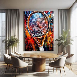 Peut inclure: Grande peinture abstraite d'une raquette de tennis sur fond coloré. La raquette est marron avec des cordes blanches, sur un mélange vibrant de coups de pinceau rouges, oranges, bleus et jaunes. L'œuvre est au-dessus d'une table à manger en bois.