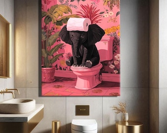 Quirky Wall Art Prints, Cute Bathroom Art Print, Funny Toilet Wall Art, Pink Elephant Decoration, Wc Poster, Funny Animal Art Prints