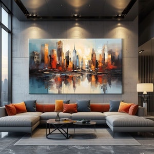 New York Leinwandbild, Abstraktes Landschaftsgemälde auf Leinwand, Stadtbild Kunstdruck, New York Skyline Druck, Reisegeschenk für Freund