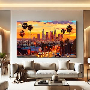 Los Angeles Muurdecoratie Horizontaal, Californië Print, Stedelijke Kunstprints, Zonsondergang Muurdecoratie Canvas, Abstracte Stadskunst
