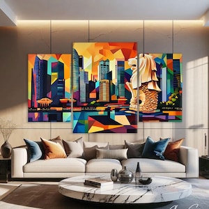 Peut inclure: Une œuvre d'art en trois panneaux représentant un paysage urbain géométrique coloré avec des gratte-ciel et une statue de Merlion. L'œuvre utilise des teintes vives d'orange, de bleu et de vert, créant une esthétique moderne et abstraite.