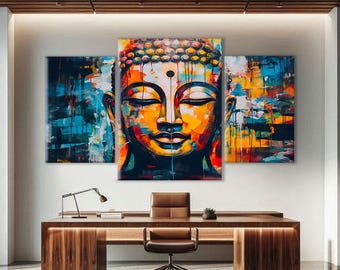Three Piece Wall Art Landscape, Yoga Studio Decor, Oversized Wall Art Framed, Buddha Art Print, Extra Large Wall Art Canvas