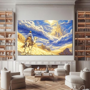 May include: A large canvas print showing a desert scene with a person on a camel heading towards a castle in the clouds. The artwork uses a warm palette of gold, blue, and white, creating a dreamlike atmosphere. The print is displayed above a fireplace.
