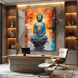 Find inner peace with this serene Buddha canvas print. A tranquil turquoise Buddha statue sits in meditation against a vibrant abstract backdrop of warm orange, amber, and cool blue geometric brushstrokes. The contemporary style blends spiritual tradition with modern artistry beautifully. Perfect for meditation rooms, yoga studios, zen spaces, or anyone seeking peaceful, mindful decor. A meaningful gift for spiritual seekers and meditation practitioners.