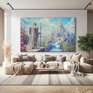 May include: A large canvas print shows a knight in armour gazing at a grand castle with waterfalls and gardens. The artwork has a bright blue sky and is displayed above a beige sectional sofa in a modern living room.