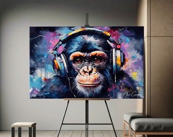 Dj Monkey Canvas Framed, Pop Art Canvas Painting, Pop Culture Wall Art, Monkey With Headphone Print, Pop Art Print Funny, Over The Bed Art