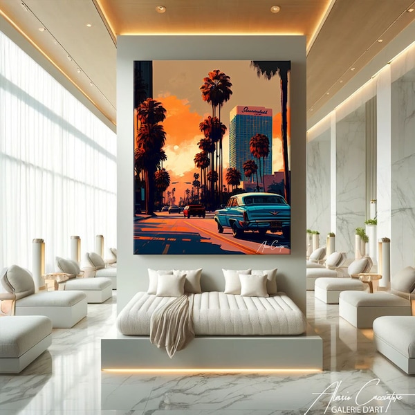 Los Angeles Wall Art, Sunset Painting On Canvas, California Print Digital, City Map Wall Art, Los Angeles Art Print, Sunset Wall Art