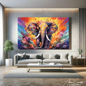 Pintura colorida de elefante, arte pop de parede, animal, arte abstrata de elefante, pôster de arte pop, arte de parede de tela de elefante, arte de decoração acima da cama