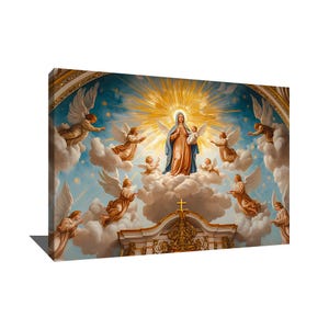 Pu&ograve; includere: Un dipinto che rappresenta l'Assunzione di Maria, una scena religiosa cristiana. Maria &egrave; circondata da angeli e un'aureola dorata, ascendendo al cielo. Il dipinto &egrave; ambientato su uno sfondo di cielo blu con stelle e nuvole.