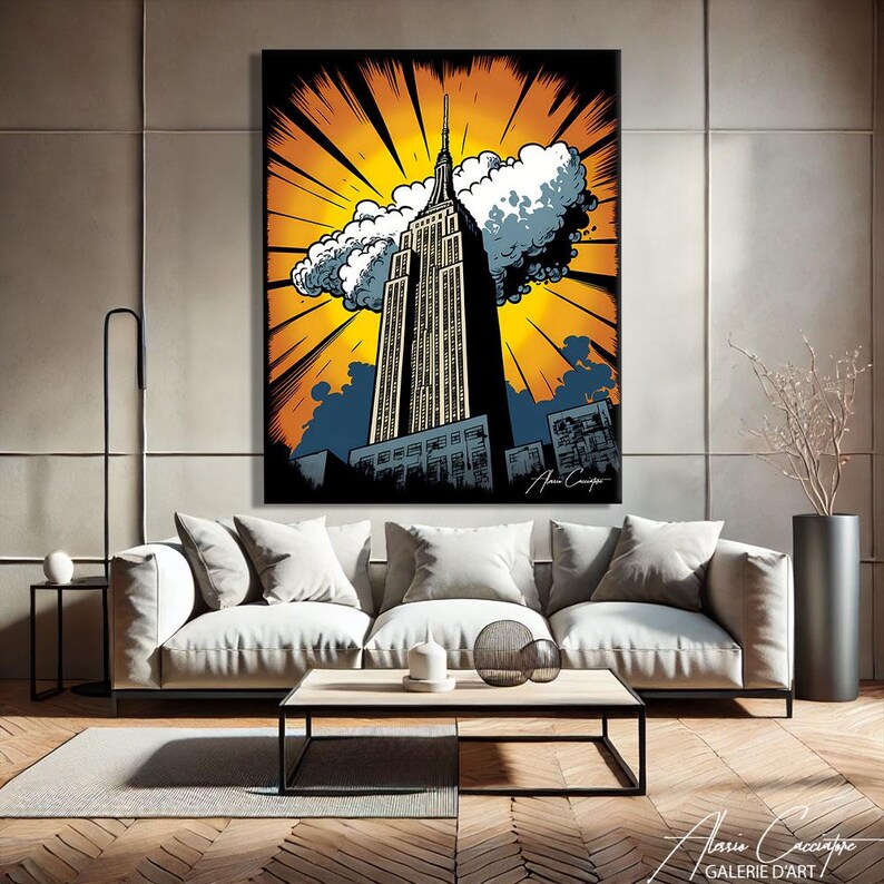 empire state building canvas print new york comic pop art urban wall decor NYC gift orange yellow wall art comic book city print nyc skyline canvas retro illustration decor bold graphic wall art new yorker gift manga style city canvas black orange wall decor office statement art american city print expat new york gift above desk decor travel memory canvas graphic novel inspired pop culture city art vertical bold print
