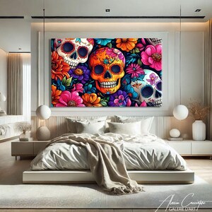 Mexican Wall Art For Living Room Prints, Sugar Skull Decor, Dia De Los Muertos Decor, Pop Art Prints Horiztonal, Abstract Floral Print