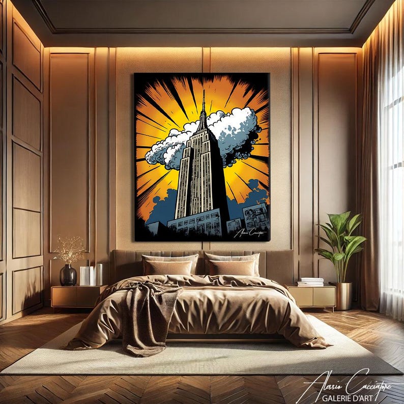 Reach for the sky with this dynamic comic book Empire State Building canvas featuring the iconic NYC landmark with dramatic yellow and orange sunburst rays and billowing clouds. Bold pop art comic style with strong graphic lines creates a striking retro statement piece. Perfect for living rooms, offices, or any space celebrating New York City and comic art culture. This eye-catching artwork brings vintage comic energy to urban decor. Available in multiple sizes. Ideal gift for NYC and comic