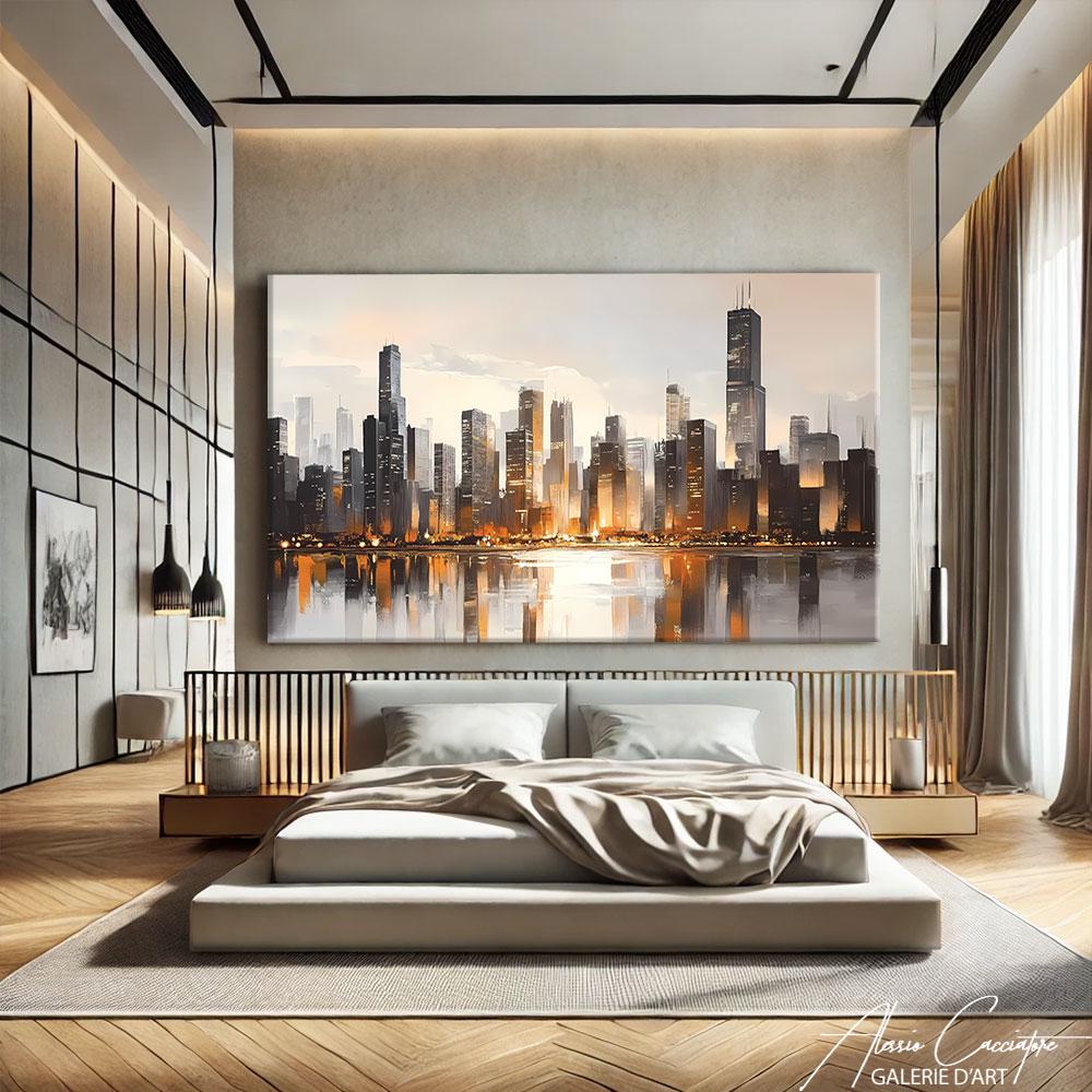 Chicago Wall Art Framed, Sunset Wall Art Gallery, Chicago Print Watercolor, Urban Wall Decor Over The Bed, Skyline Art Prints, Above Bed Art