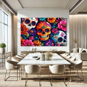 Mexican Wall Art For Living Room Prints, Sugar Skull Decor, Dia De Los Muertos Decor, Pop Art Prints Horiztonal, Abstract Floral Print