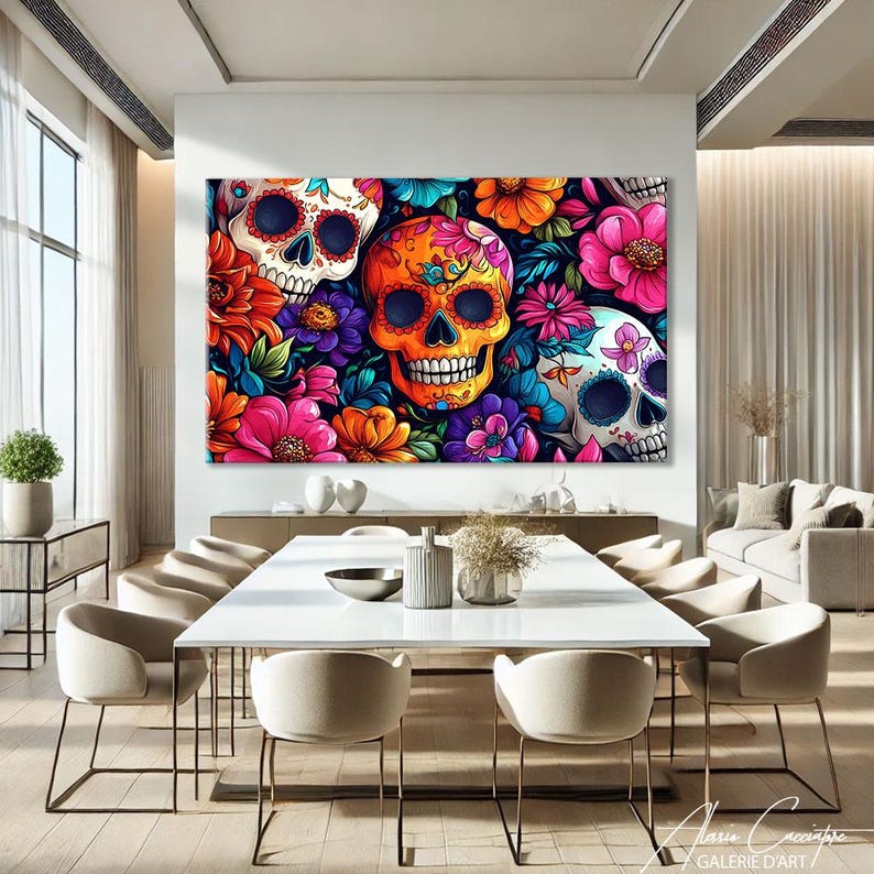 Mexican Wall Art For Living Room Prints, Sugar Skull Decor, Dia De Los Muertos Decor, Pop Art Prints Horiztonal, Abstract Floral Print