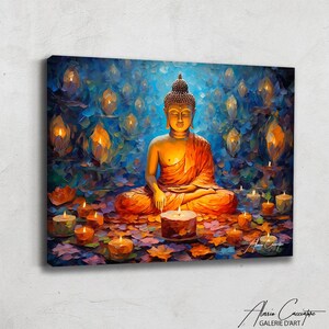 May include: A painting of a golden Buddha meditating in a lotus position surrounded by glowing candles. The Buddha is wearing a red robe and is sitting on a bed of purple and blue flowers. The background is a dark blue with a light blue sky. The painting is signed by the artist, Alain Ceccaputo.