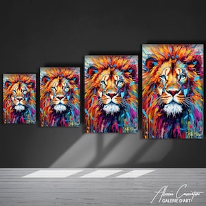 May include: A colourful abstract painting of a lion's face with splashes of paint in shades of red, orange, yellow, blue, green, and purple. The lion's eyes are a bright blue. The painting is available in four different sizes.