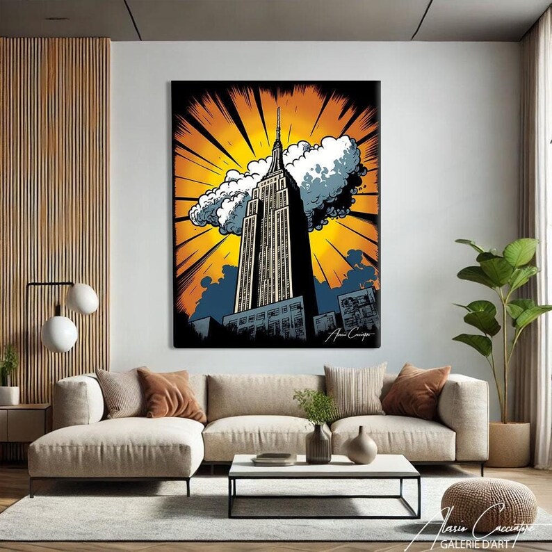 empire state building canvas print new york comic pop art urban wall decor NYC gift orange yellow wall art comic book city print nyc skyline canvas retro illustration decor bold graphic wall art new yorker gift manga style city canvas black orange wall decor office statement art american city print expat new york gift above desk decor travel memory canvas graphic novel inspired pop culture city art vertical bold print