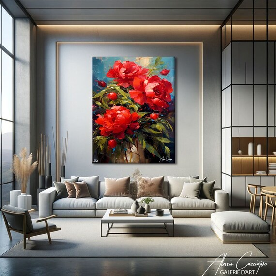 Red Flower Wall Art, Moody Peony Art Print, Abstract Floral Prints, Flower Bouquet Art Print, Above Bed Decor