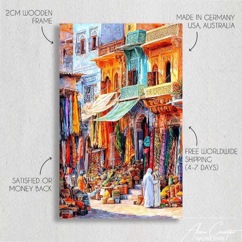 May include: A colourful painting of a marketplace with textiles and buildings. The artwork has a 2cm wooden frame and the text "SATISFIED OR MONEY BACK". The painting is made in Germany, USA, and Australia.
