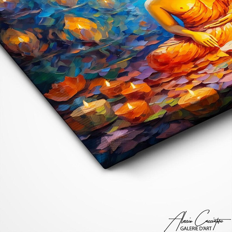 May include: A painting of a meditating figure in orange robes, surrounded by glowing candles. The background is a vibrant blue and purple, with hints of green. The painting has a calming and spiritual feel.