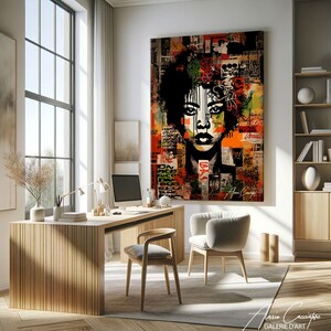 May include: A striking piece of abstract art depicting a woman's face hangs in a contemporary office. The artwork uses vibrant colours, text, and graphic elements. The office features a wooden desk, chair, and computer, creating a stylish workspace.