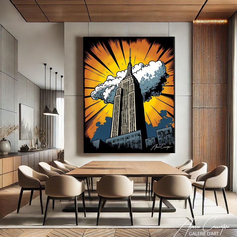 empire state building canvas print new york comic pop art urban wall decor NYC gift orange yellow wall art comic book city print nyc skyline canvas retro illustration decor bold graphic wall art new yorker gift manga style city canvas black orange wall decor office statement art american city print expat new york gift above desk decor travel memory canvas graphic novel inspired pop culture city art vertical bold print