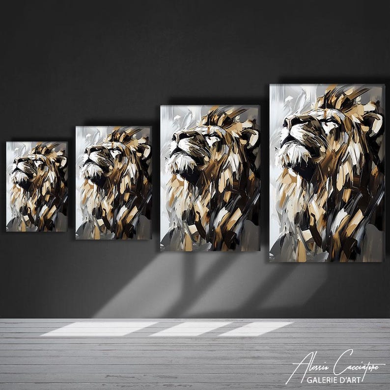May include: Four canvas prints of a lion's head, rendered in a modern, abstract style. The artwork features a palette of brown, black, and white, with the lion gazing upwards. The prints vary in size, displayed against a dark gray wall.