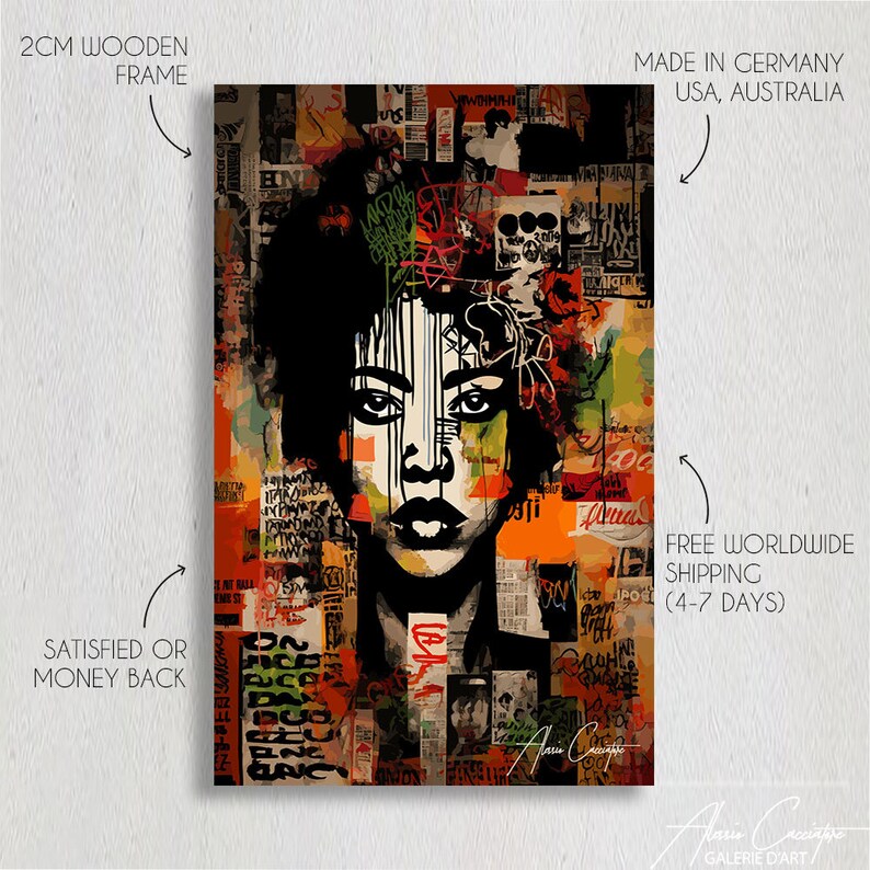 May include: Abstract art print depicting a woman's face with black hair and a striking graphic style. The artwork uses a collage of colours, including orange, green, and white, with graffiti-style elements. The frame is 2cm thick.
