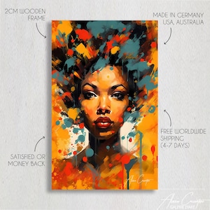 May include: Abstract painting of a woman's face with colorful splashes of paint in shades of yellow, orange, red, blue, and green. The woman has dark skin and brown eyes. The painting is framed with a 2 cm wooden frame.